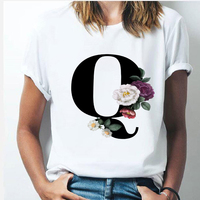 Vogue 26 litera alfabetu kobiet T-shirt dziewczyna od A do Z alfabet połączenie kwiaty Z krótkim rękawem casual koreański styl topy, Drop Ship 4
